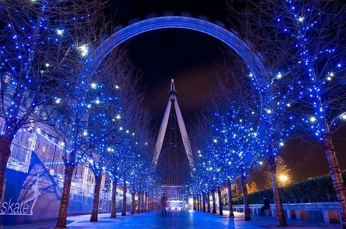 An avenue of trees lit blue along the riverside, a great wheel lit behind them