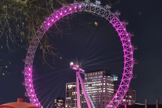 A great observation wheel lit pink against the night sky